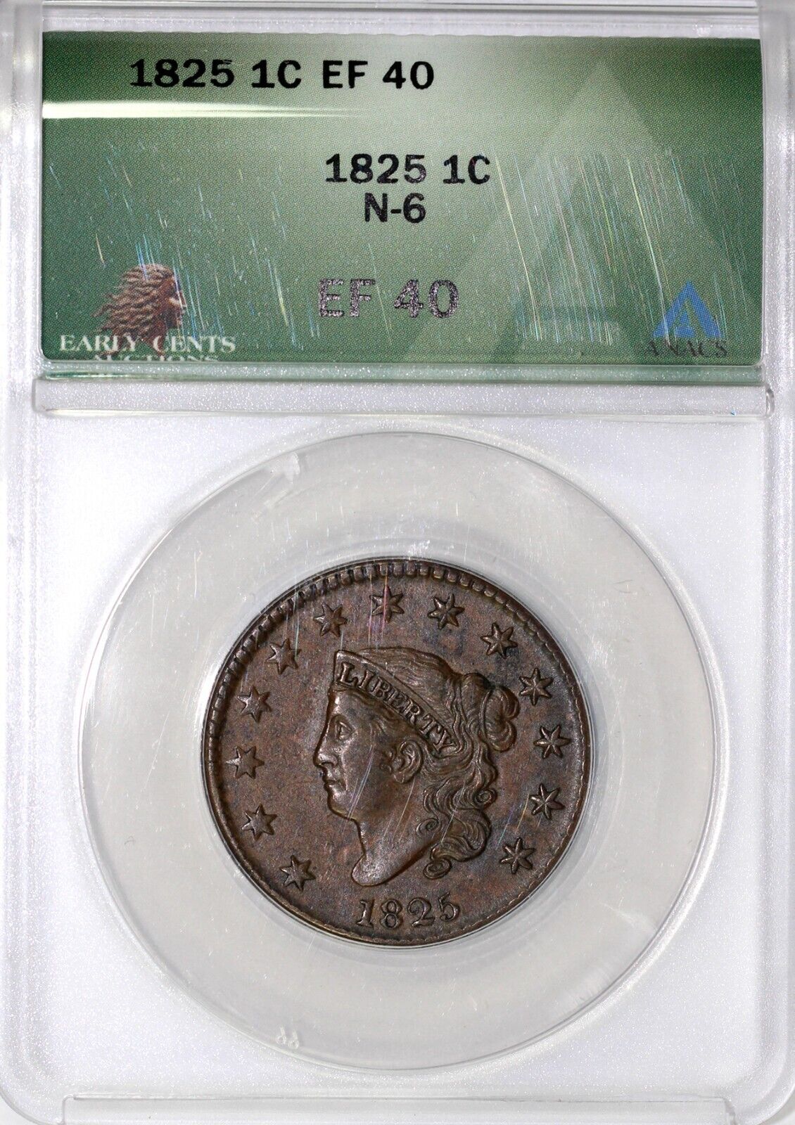 1825 1c N-6 Coronet or Matron Head Large Cent ANACS EF 40
