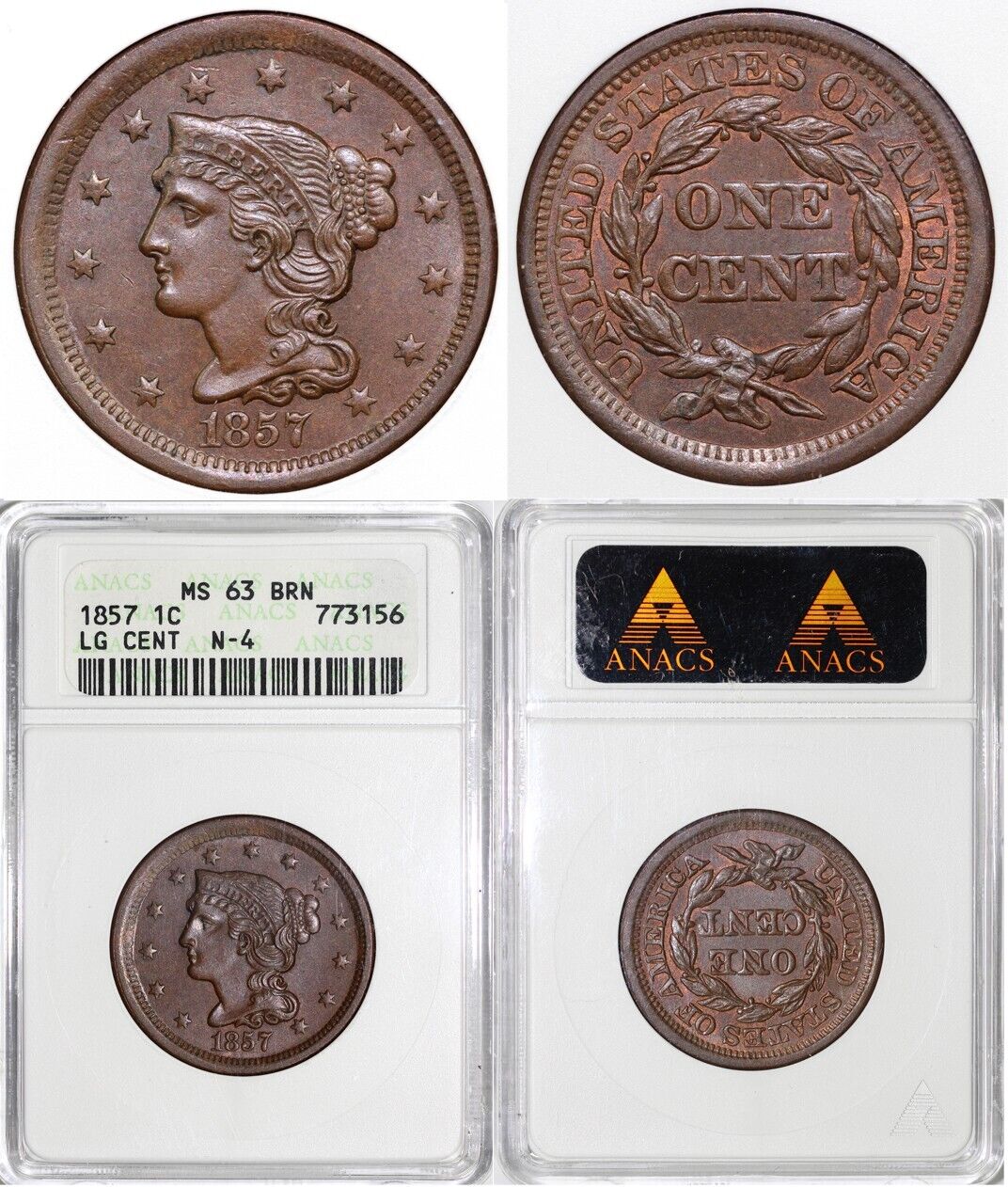 1857 1c N-4 Braided Hair Large Cent ANACS MS 63 BN *Sharp Strike, EDS*