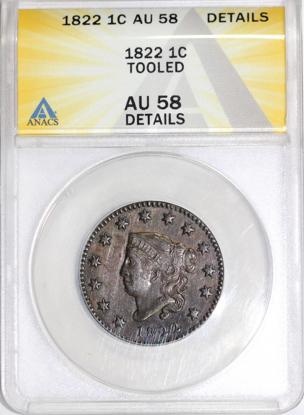 1822 1c Matron Head Large Cent ANACS AU 58 DETAILS TOOLED