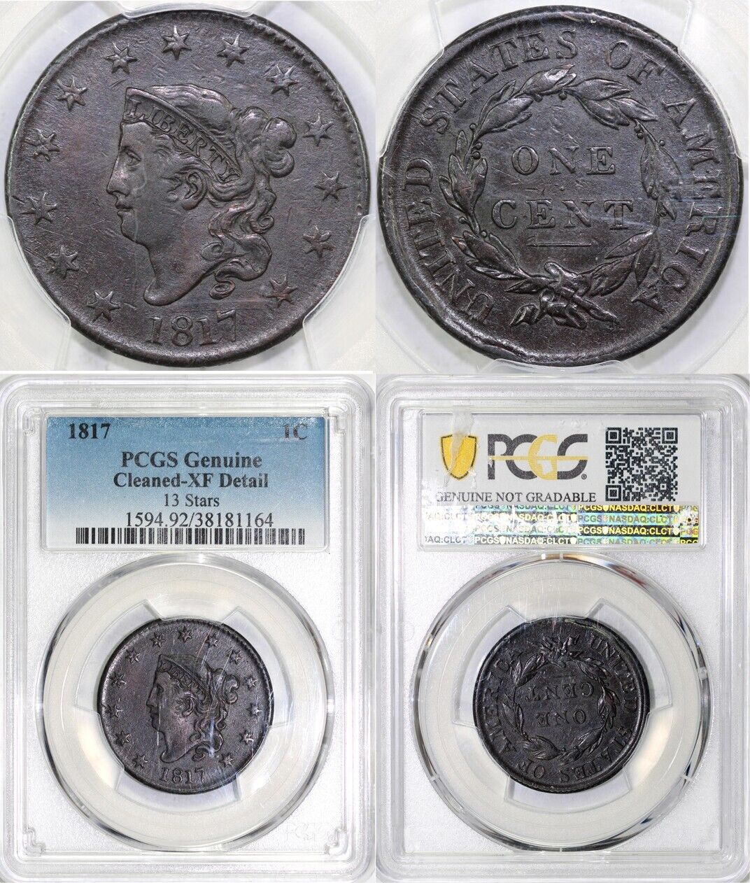 1817 1c N-2 13 Stars Matron Head Large Cent PCGS XF DETAIL CLEANED
