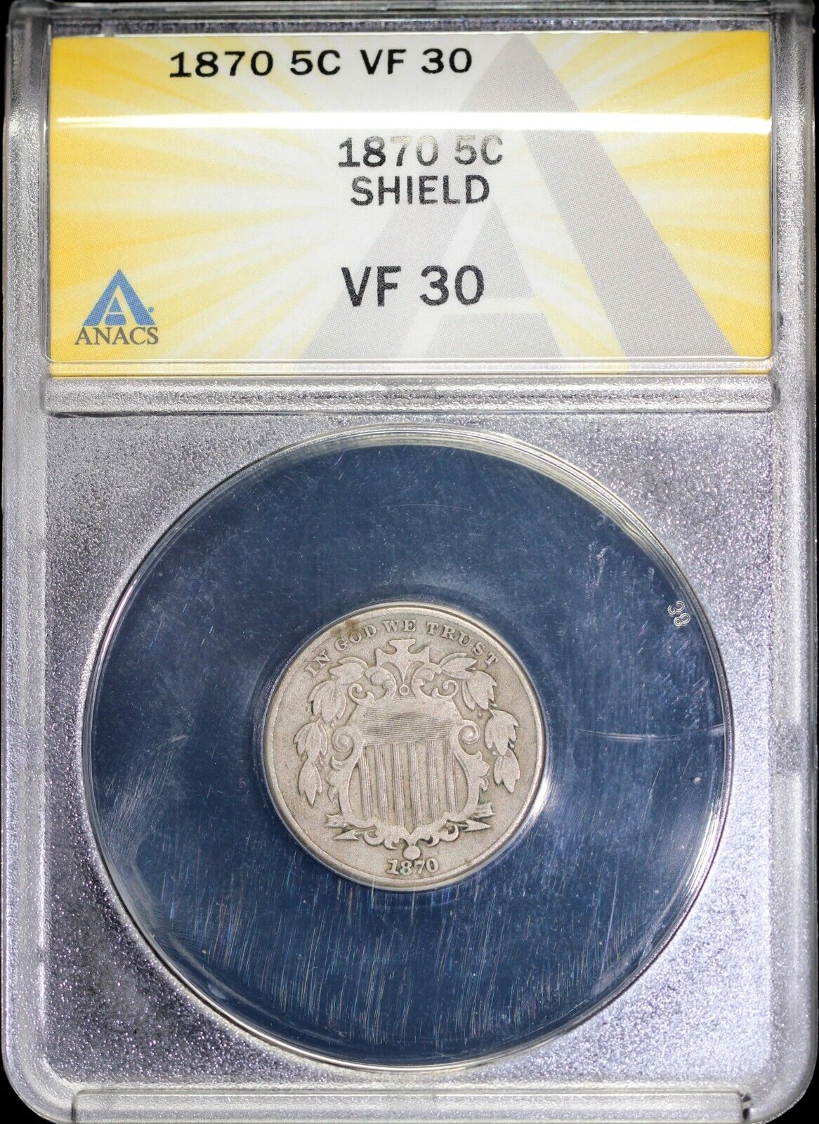 1870 5c Shield Nickel ANACS VF 30