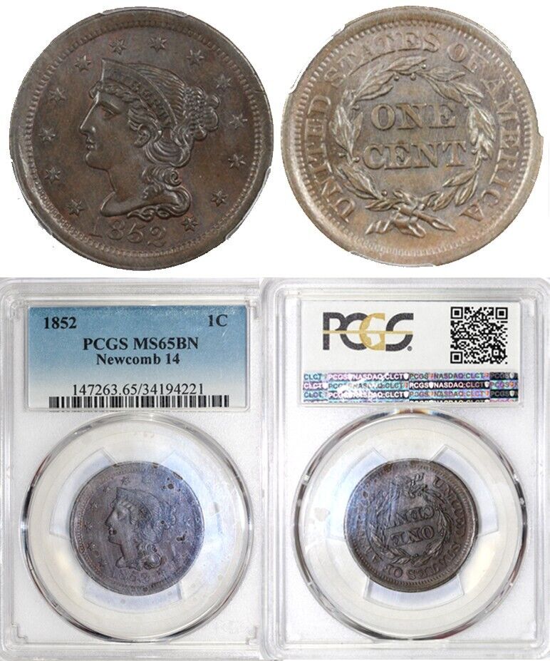 1852 1c N-14 Braided Hair Large Cent PCGS MS 65 BN