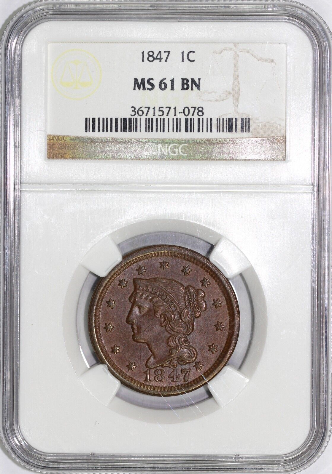 1847 1c N-5 Braided Hair Large Cent NGC MS 61