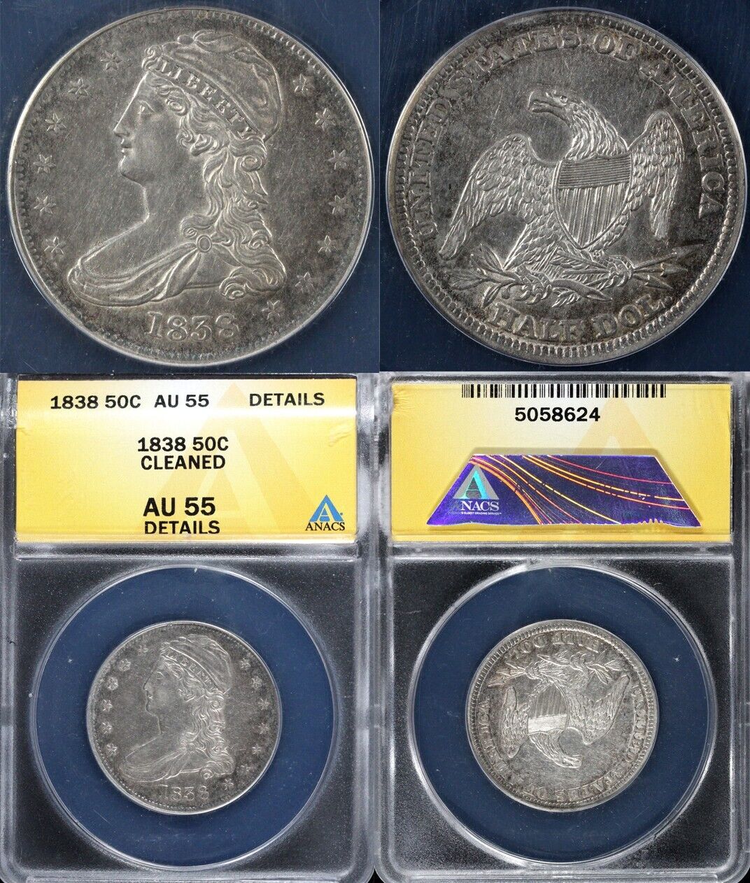 1838 50c Capped Bust Half Dollar ANACS AU 55 DETAILS CLEANED