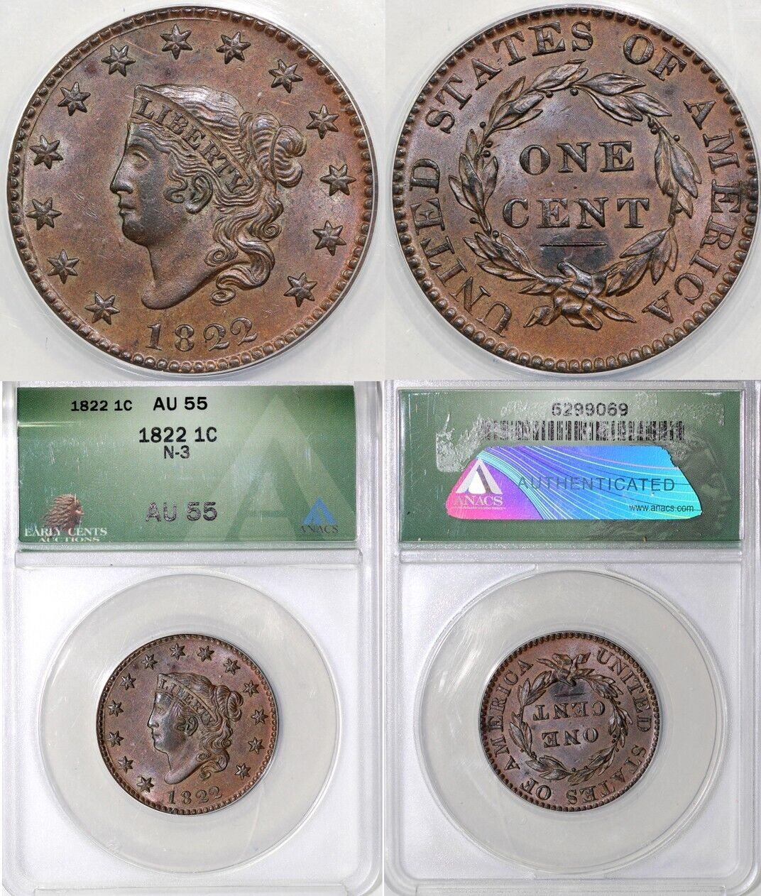 1822 1c N-3 Matron Head Large Cent ANACS AU 55