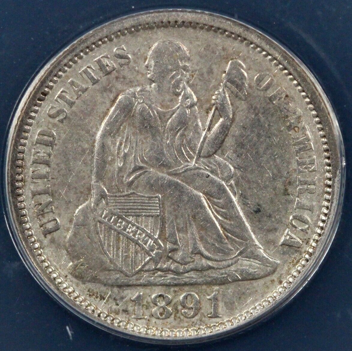 1891 10c Seated Liberty Dime ANACS AU 55 DETAILS CLEANED