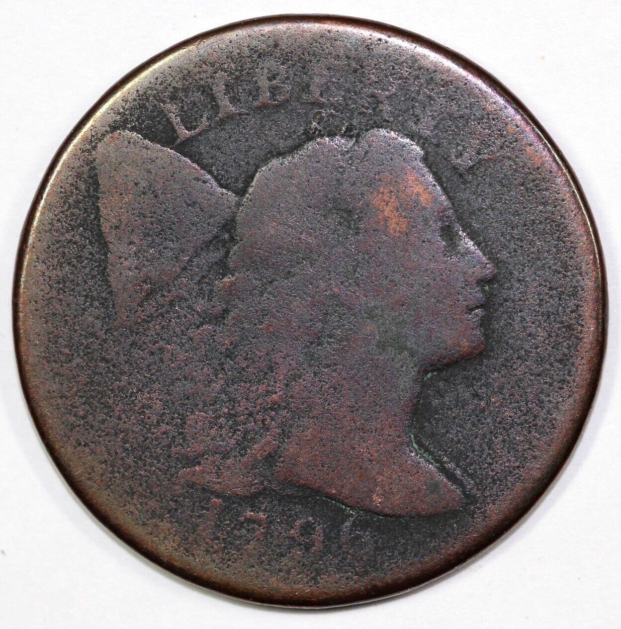 1796 1c S-90 Rotated Reverse Liberty Cap Large Cent *Two Leaves touch T of Cent*