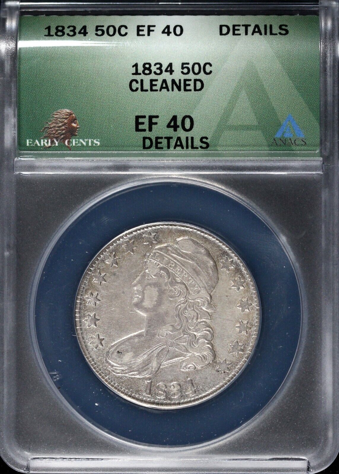 1834 50c Capped Bust Half Dollar ANACS EF 40 DETAILS CLEANED