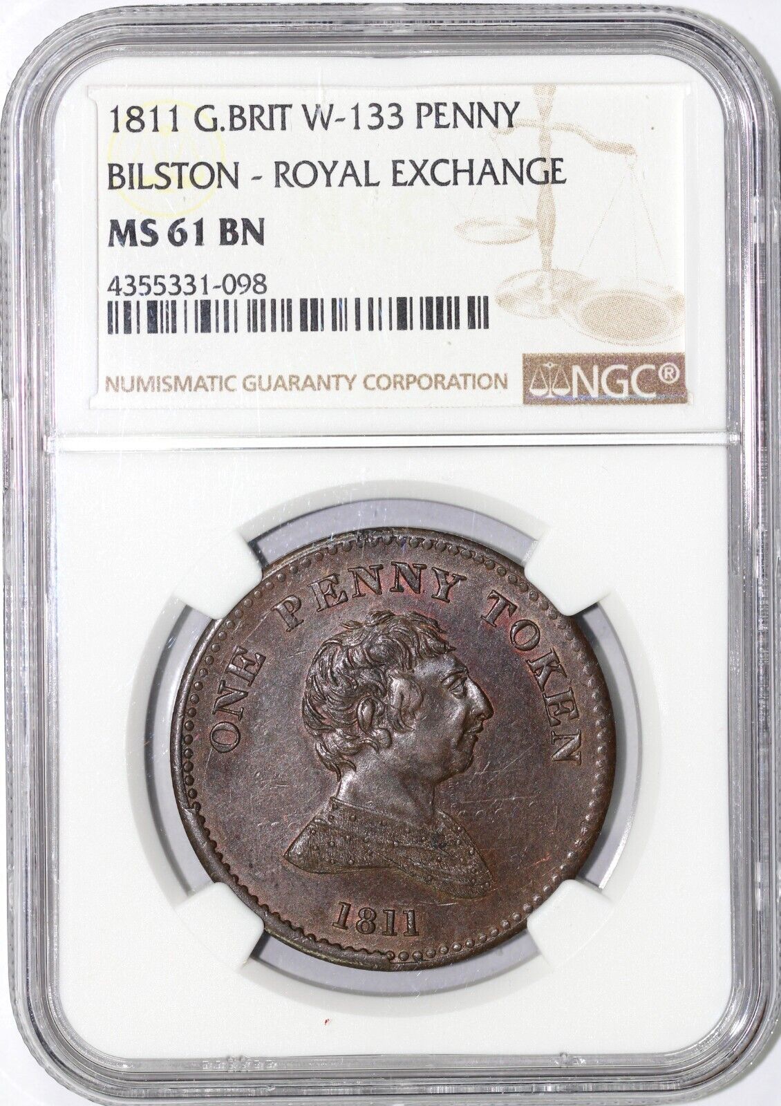 1811 1c Great Britain W-133 Bilston-Royal Exchange Penny NGC MS 61 *Clashed Dies