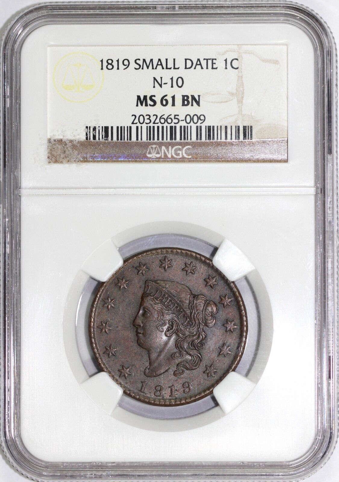 1819 1c N-10 Small Date Coronet or Matron Head Large Cent NGC MS 61 BN