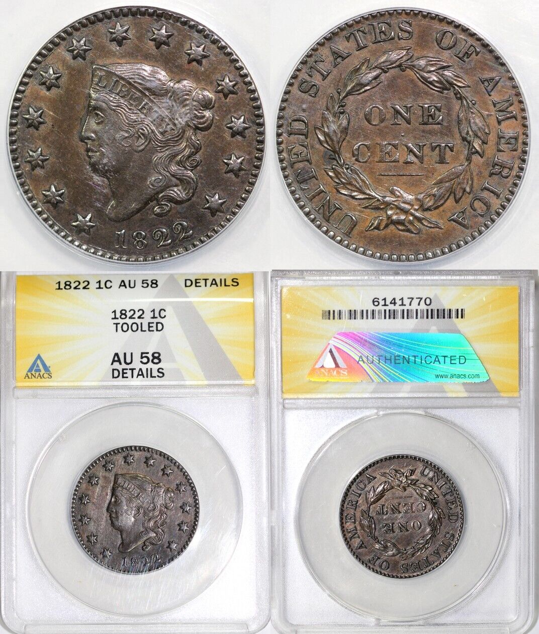 1822 1c Matron Head Large Cent ANACS AU 58 DETAILS TOOLED