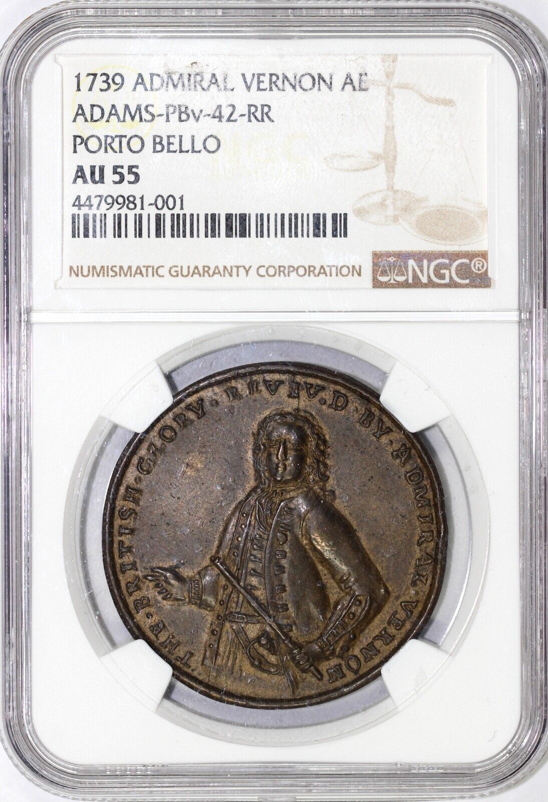 1739 Admiral Vernon Porto Bello Colonial Copper NGC AU 55