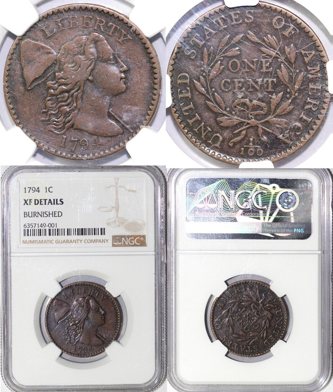 1794 1c S-47 Liberty Cap Large Cent NGC XF DETAILS BURNISHED