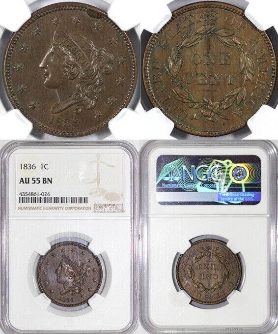 1836 1c Gobrecht Head Matron Head Large Cent NGC AU 55