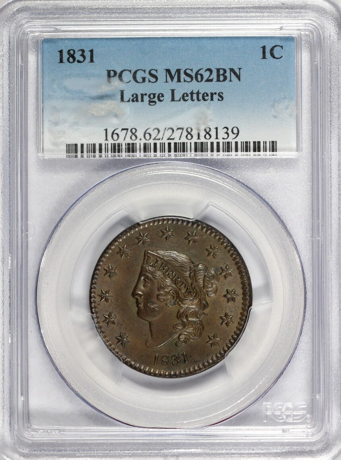 1831 1c N-8 Large Letters Coronet or Matron Head Large Cent PCGS MS 62 BN