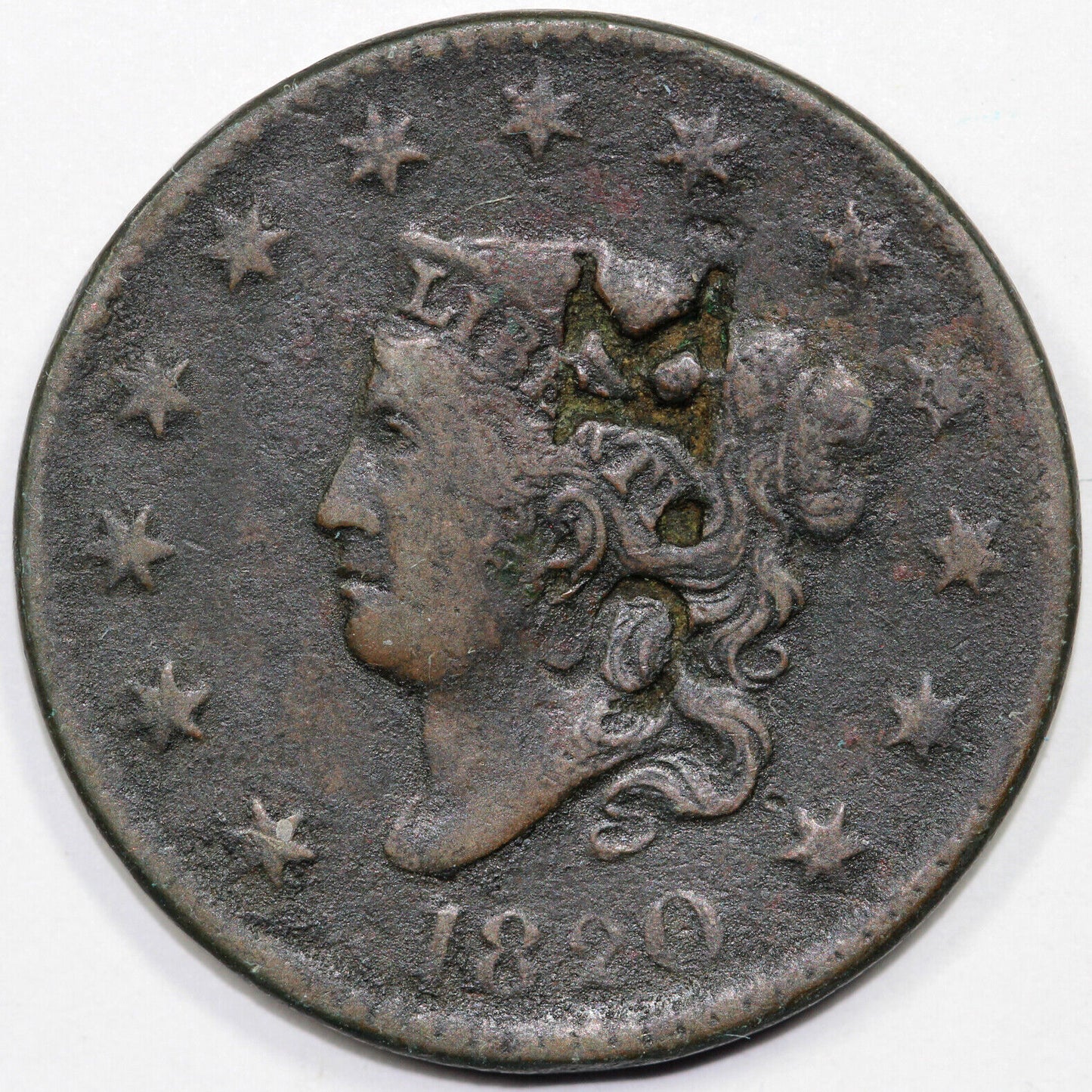 1820 1c N-14 Coronet or Matron Head Large Cent *Counterstamped S.K.*