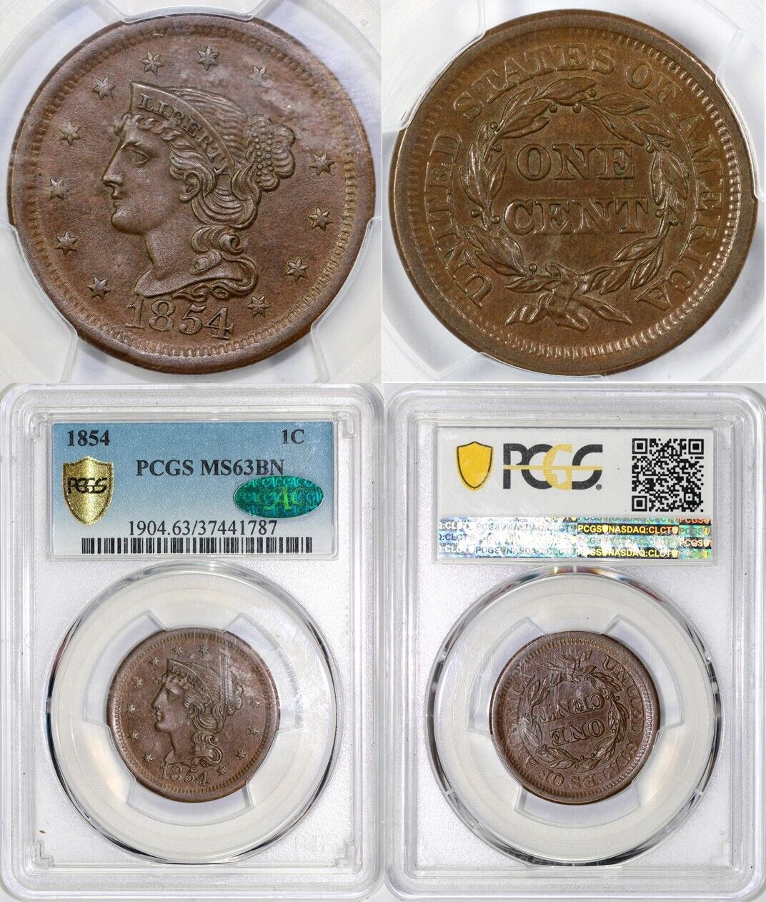 1854 1c N-7 Braided Hair Large Cent PCGS and CAC MS 63 BN