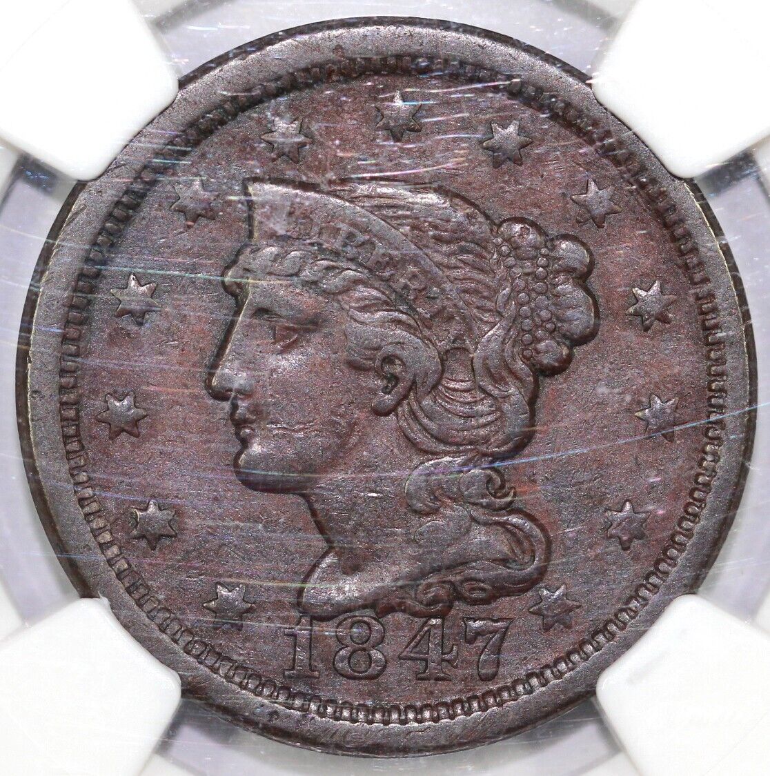 1847 1c N-23 Braided Hair Large Cent NGC XF Details Env Damage