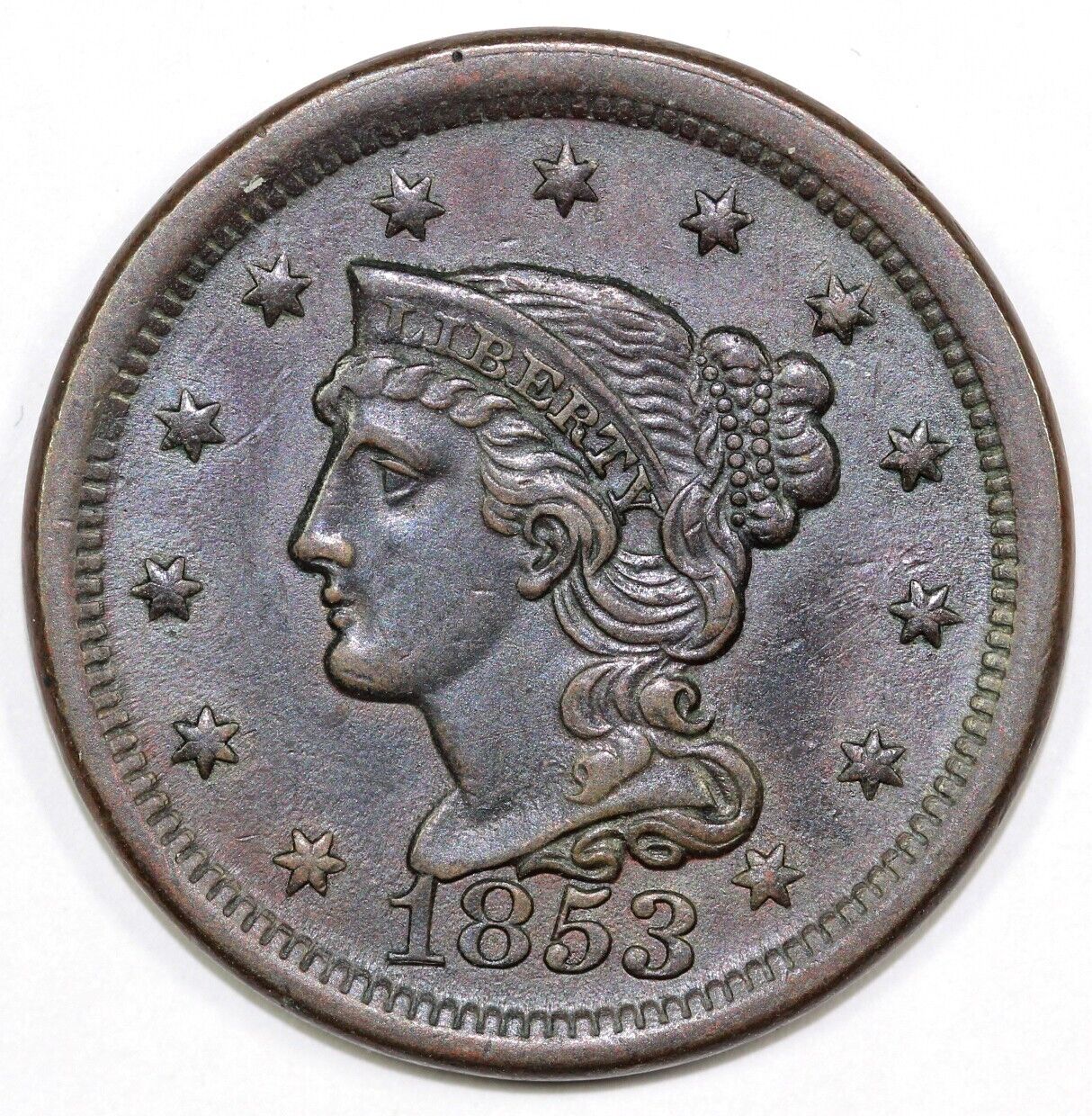 1853 1c N-13 Braided Hair Large Cent
