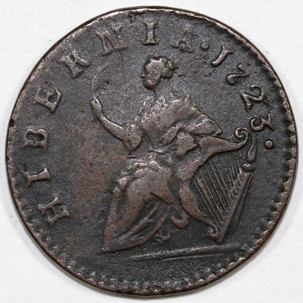 1723 Woods Hibernia Farthing Colonial Copper