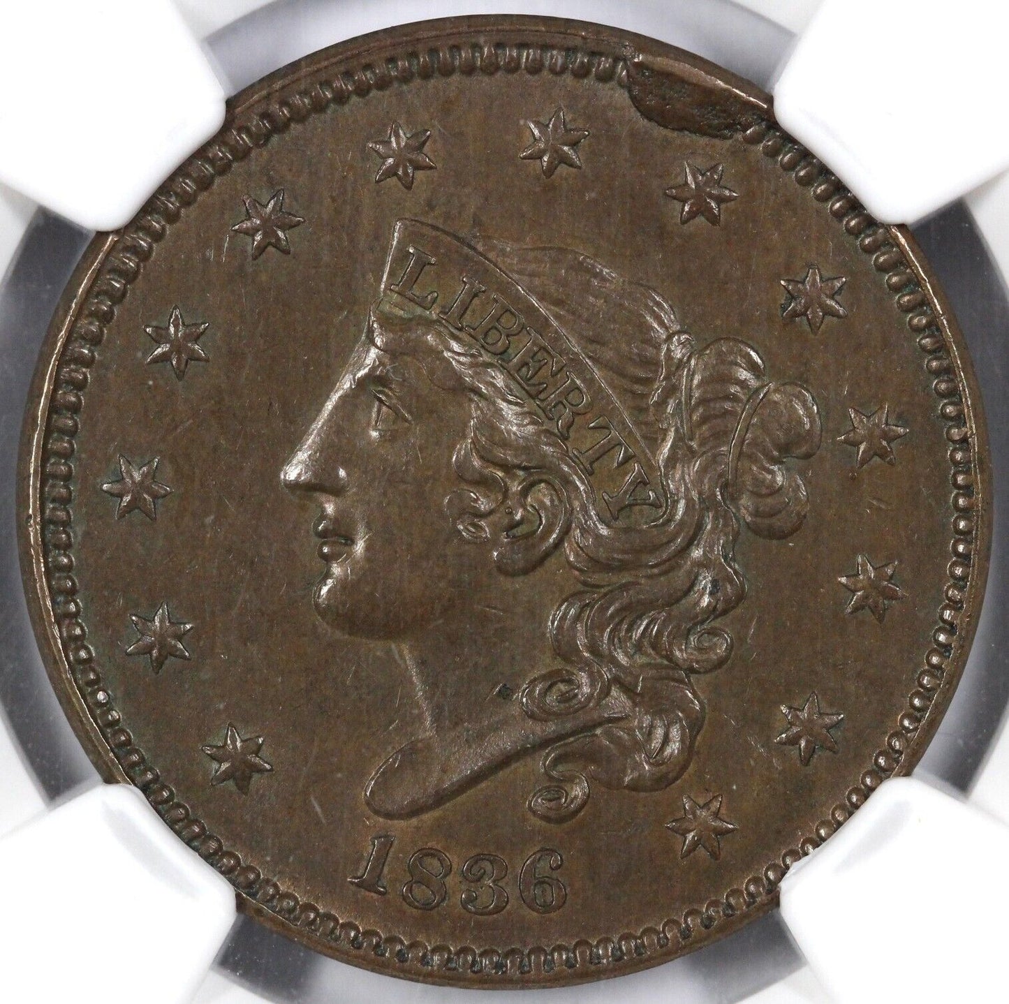1836 1c Gobrecht Head Matron Head Large Cent NGC AU 55