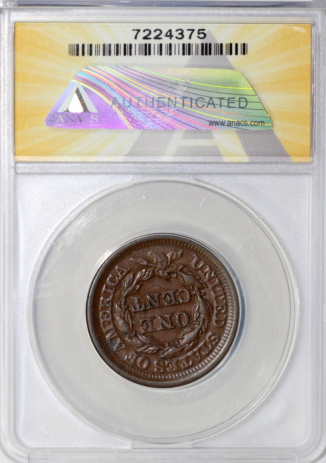 1851 1c Braided Hair Large Cent ANACS AU 50