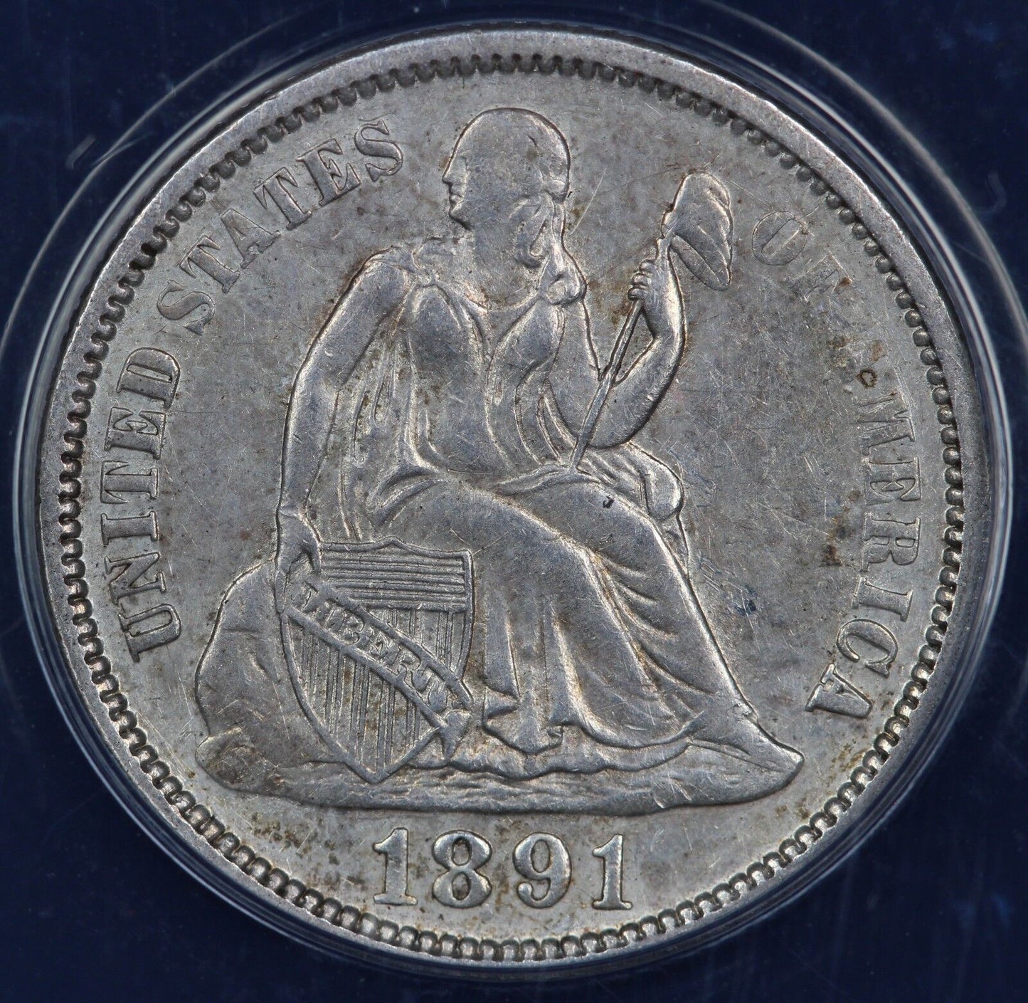 1891 10c Seated Liberty Dime ANACS AU 55 DETAILS CLEANED