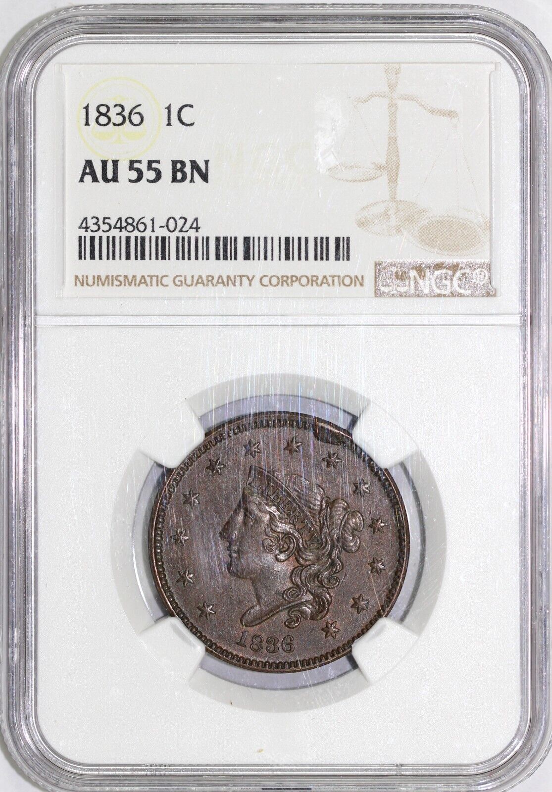 1836 1c Gobrecht Head Matron Head Large Cent NGC AU 55