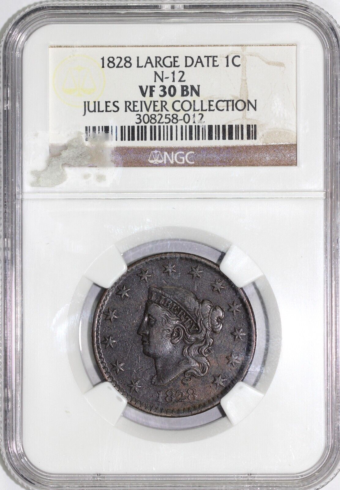 1828 1c N-12 Large Date Matron Head Large Cent NGC VF 30 EX; Jules Reiver