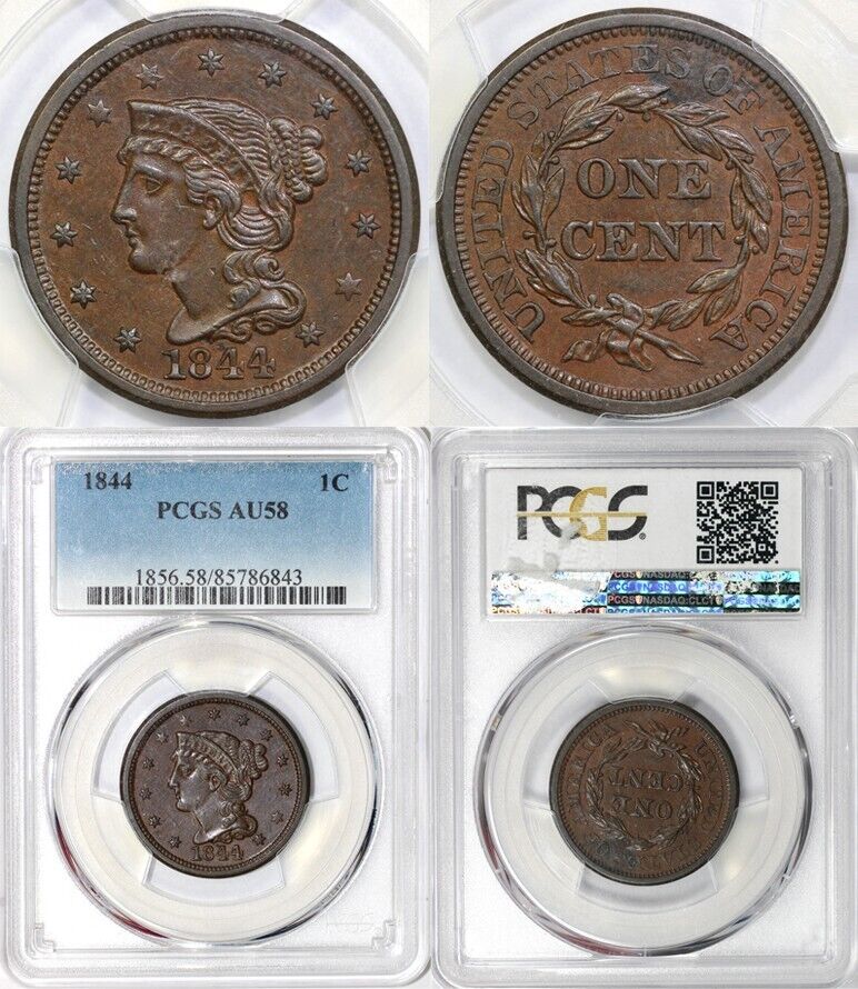 1844 1c Braided Hair Large Cent PCGS AU 58