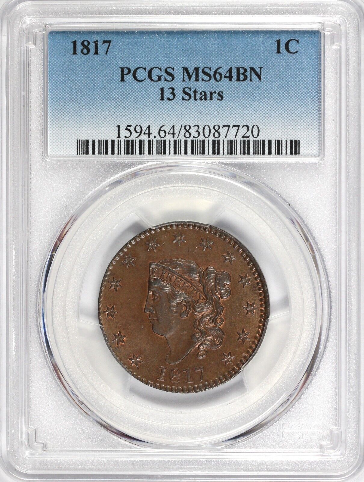 1817 1c 13 Stars Coronet or Matron Head Large Cent PCGS MS 64 BN