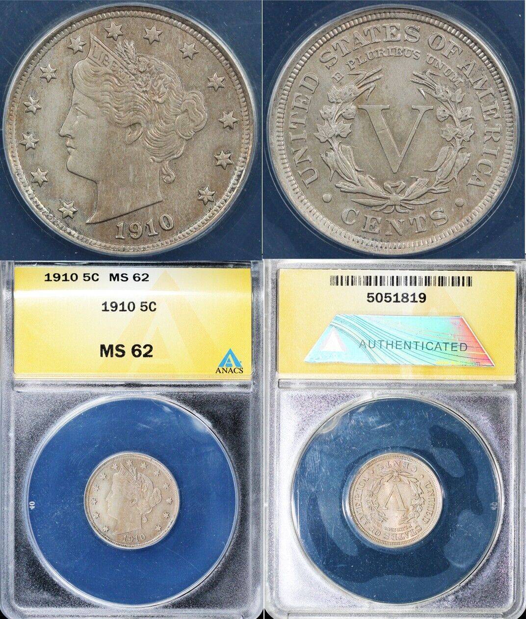 1910 5c Liberty Nickel ANACS MS 62