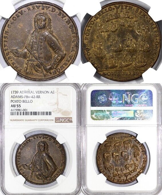 1739 Admiral Vernon Porto Bello Colonial Copper NGC AU 55