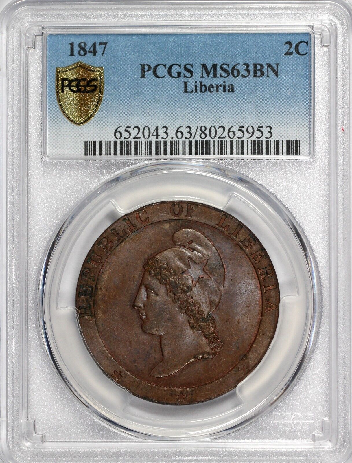 1847 2c Republic of Liberia Copper 2 Cent Piece PCGS MS 63 BN