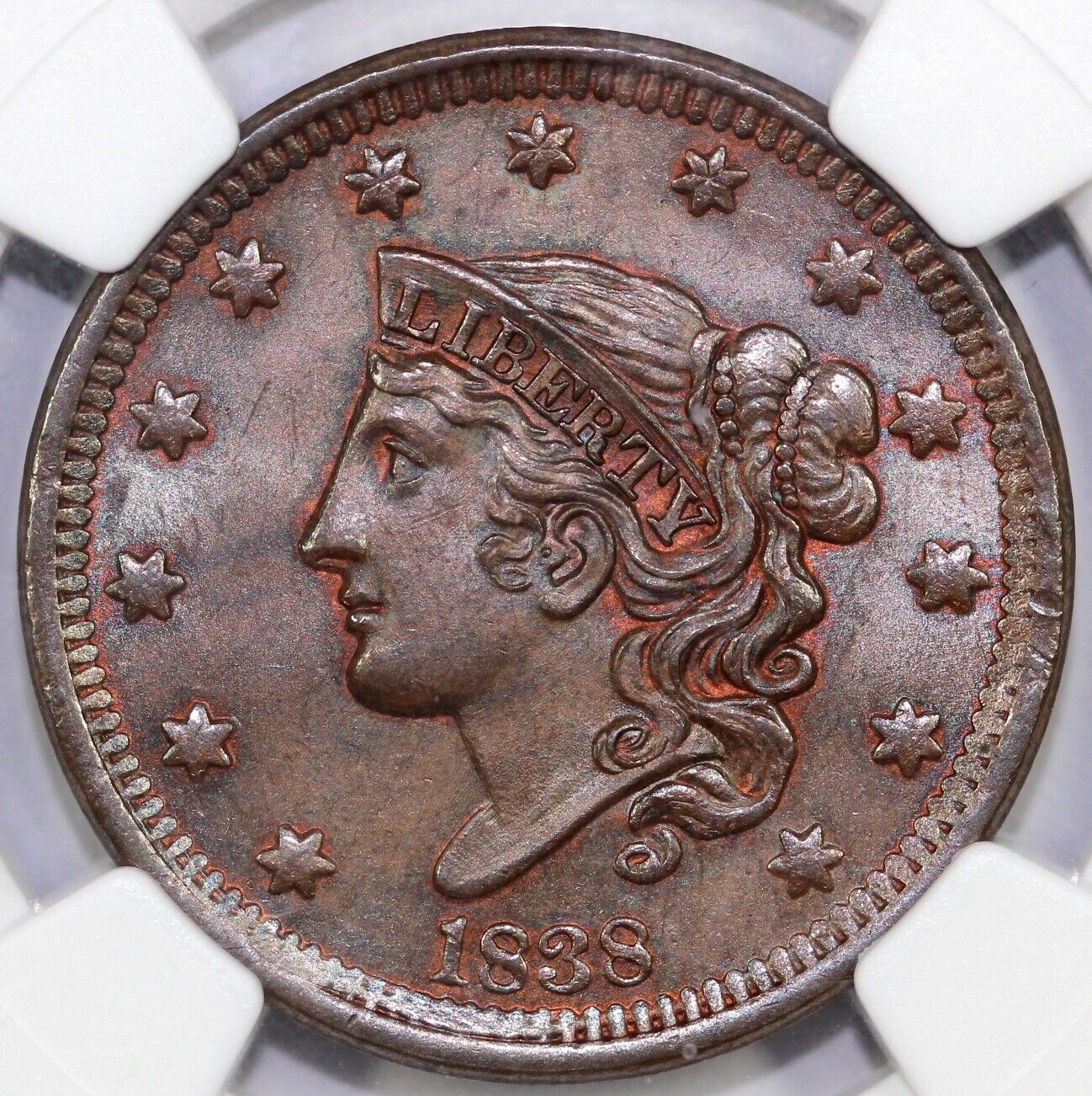 1838 1c N-3 Coronet or Matron Head Large Cent NGC MS 65 BN