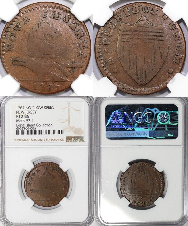 1787 1c No PLow Sprig Maris 52-i New Jersey Colonial Copper NGC F 12
