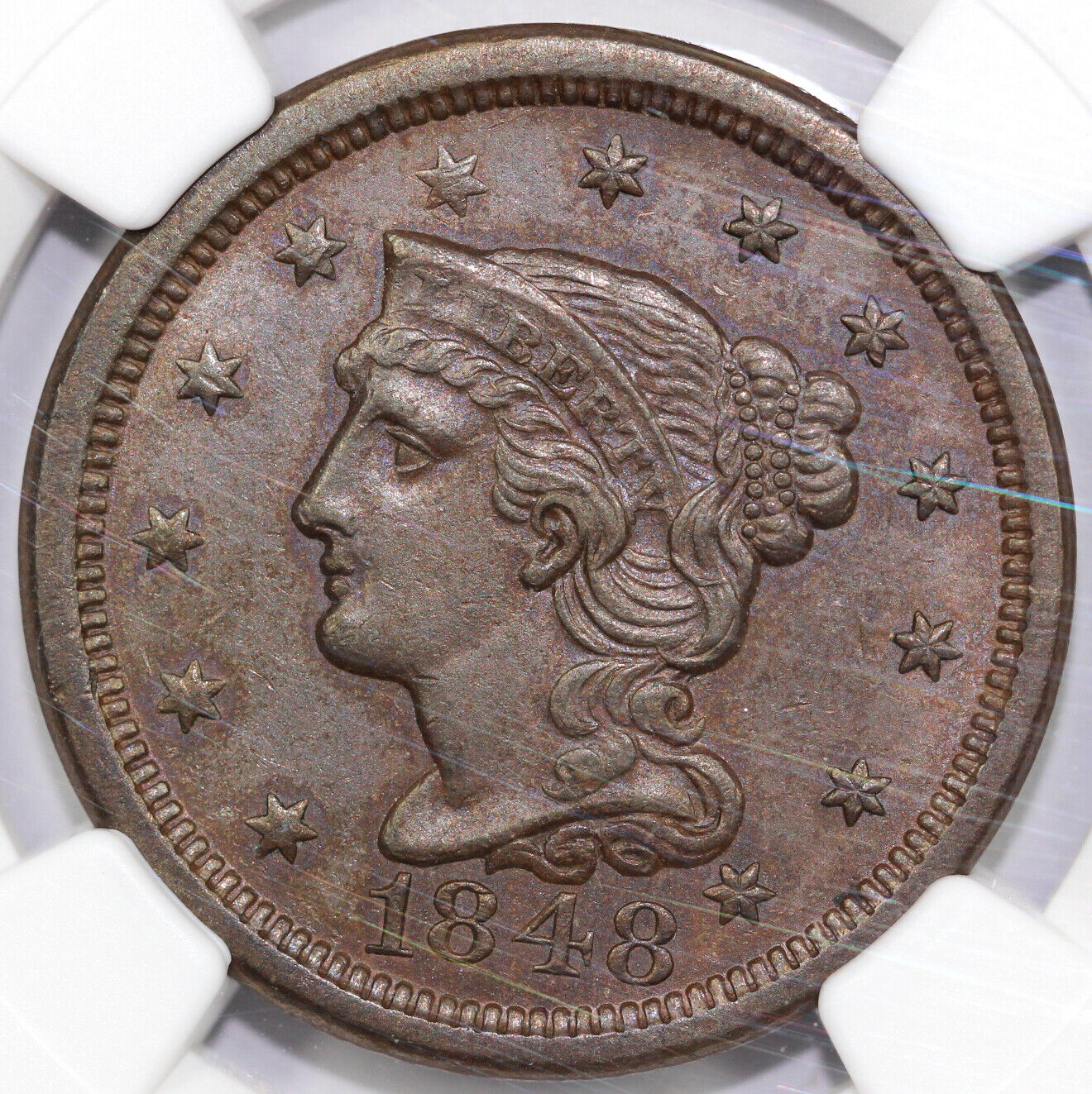 1848 1c N-6 Braided Hair Large Cent NGC MS 63 BN EX; ELLSWORTH