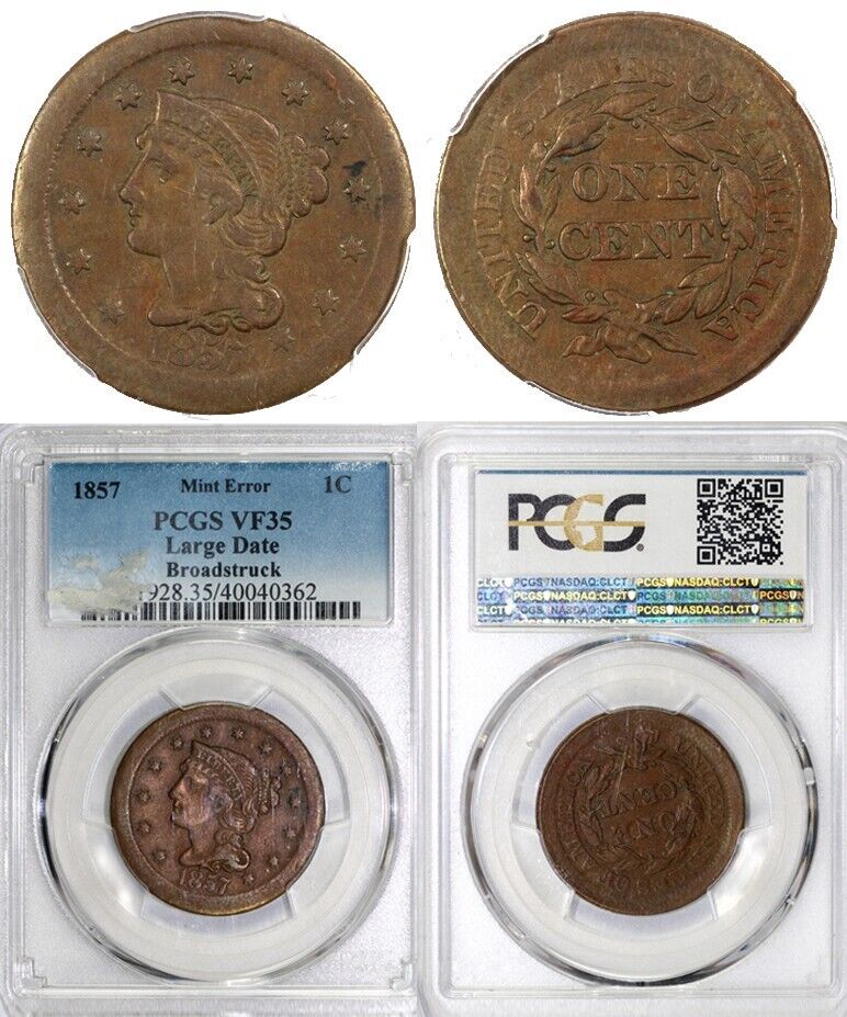 1857 1c Broadstuck Large Date Braided Hair Large Cent PCGS VF 35