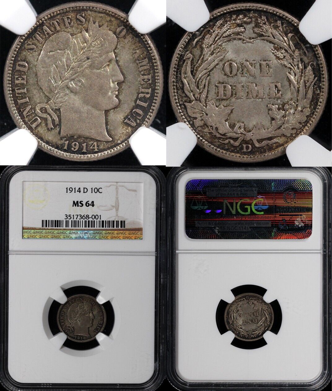 1914-D 10c Barber Dime NGC MS 64