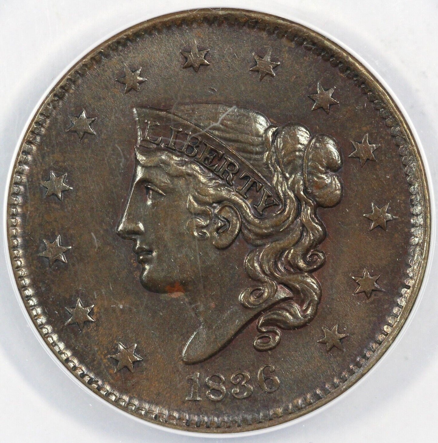 1836 1c Matron Head Large Cent ANACS MS 62 BN