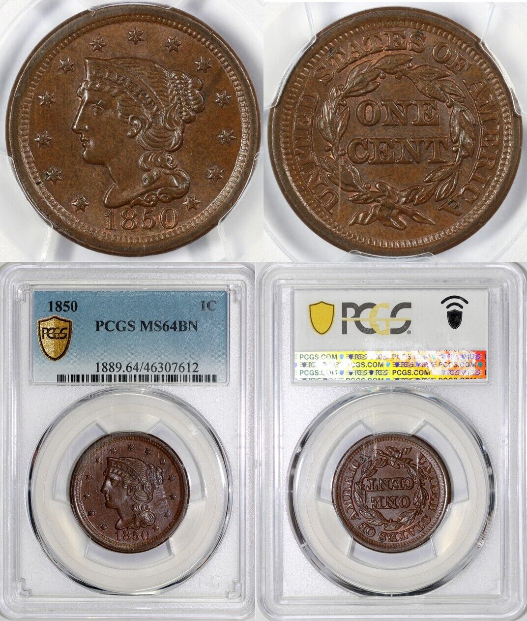 1850 1c N-7 Braided Hair Large Cent PCGS MS 64 BN