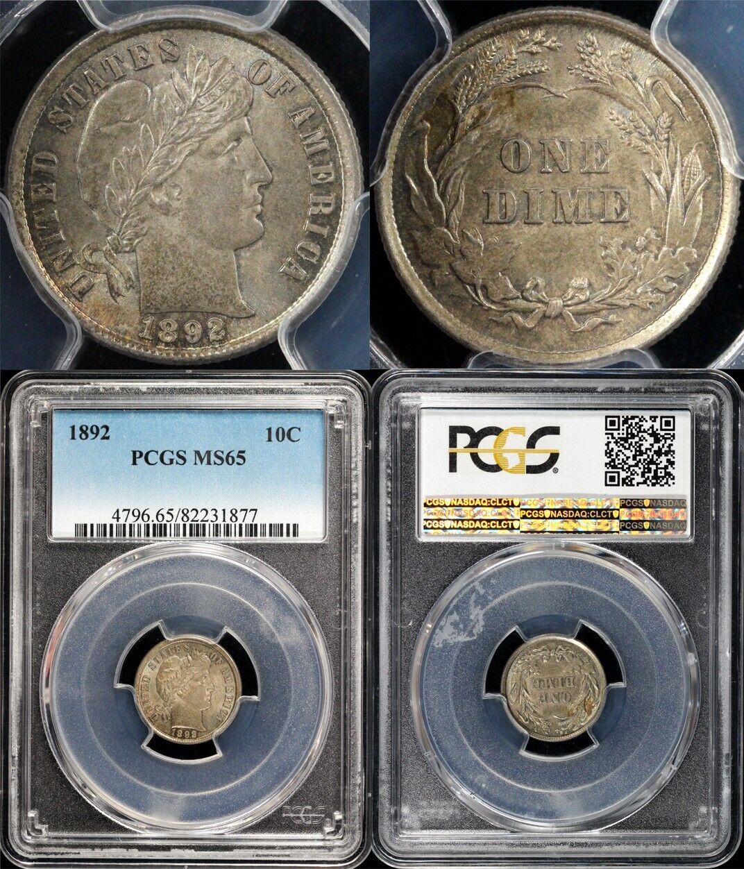 1892 10c Barber Dime PCGS MS 65