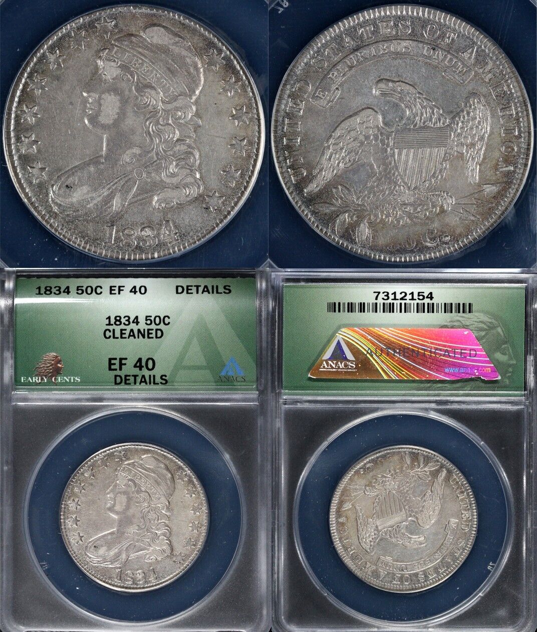 1834 50c Capped Bust Half Dollar ANACS EF 40 DETAILS CLEANED