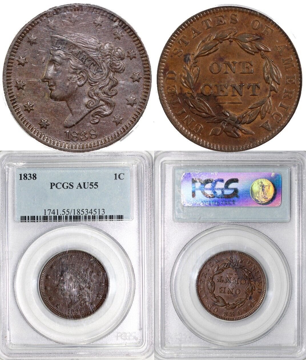 1838 1c N-12 Matron Head Large Cent PCGS AU 55