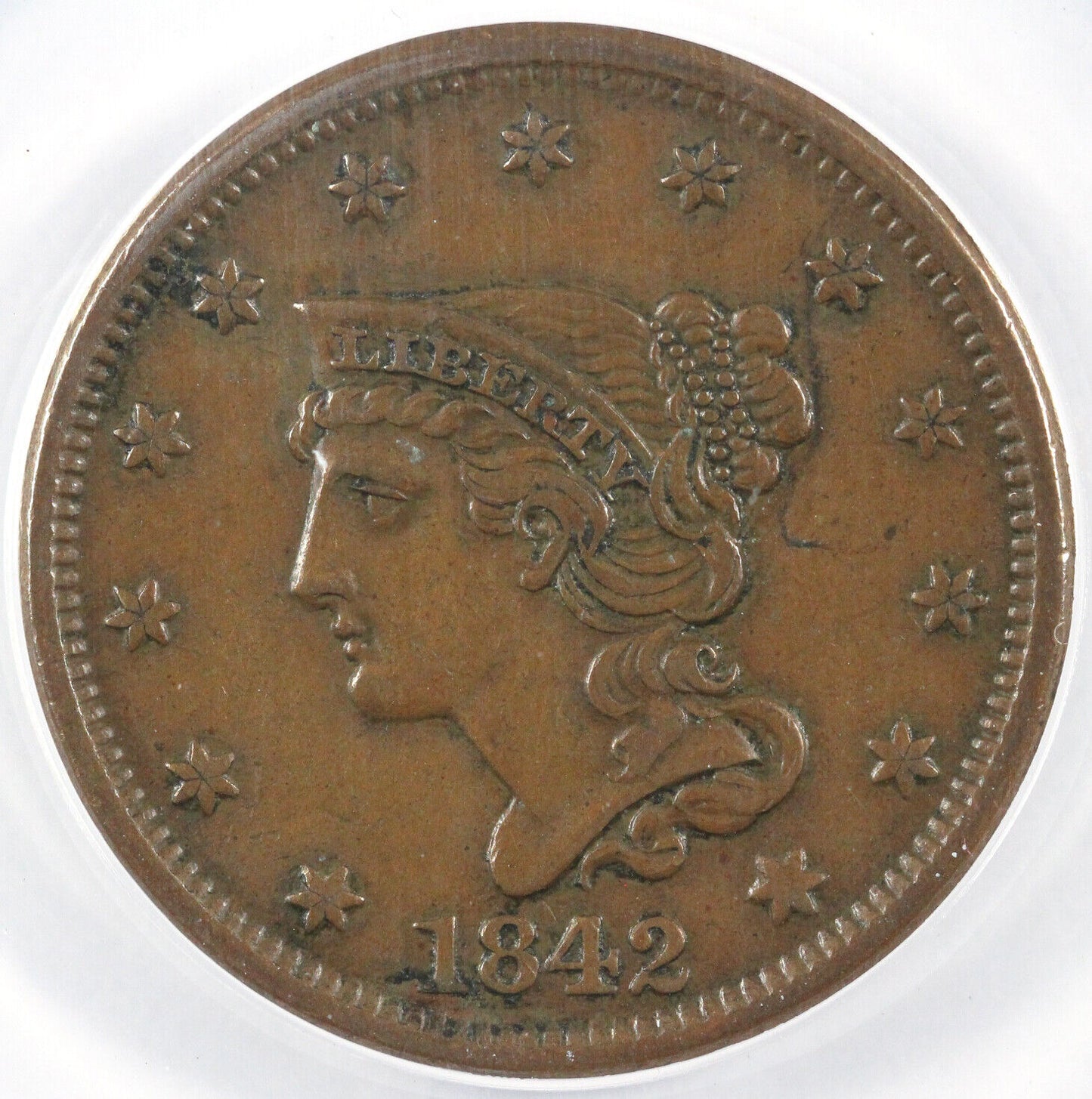 1842 1c Large Date Braided Hair Large Cent ANACS AU 50 DETAILS CORRODED