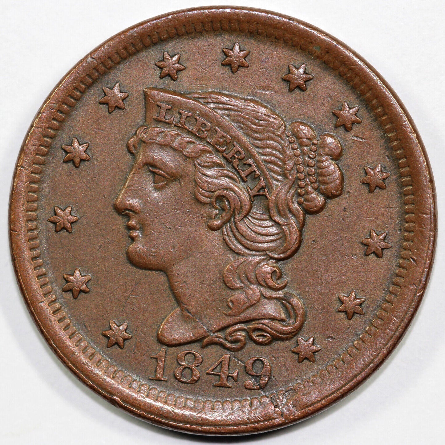1849 1c N-8 Braided Hair Large Cent *Planchet Flaw*