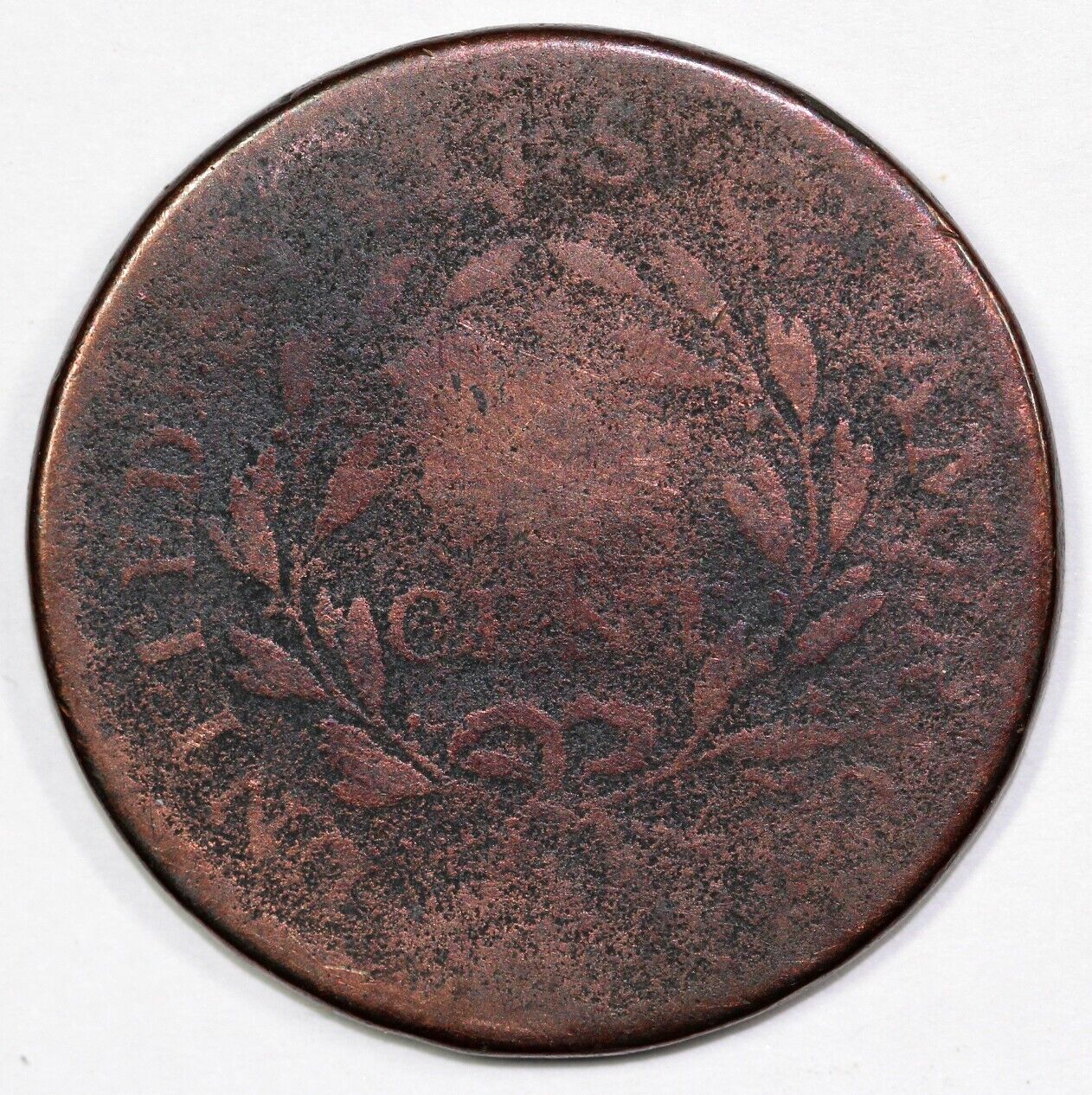 1796 1c S-90 Rotated Reverse Liberty Cap Large Cent *Two Leaves touch T of Cent*