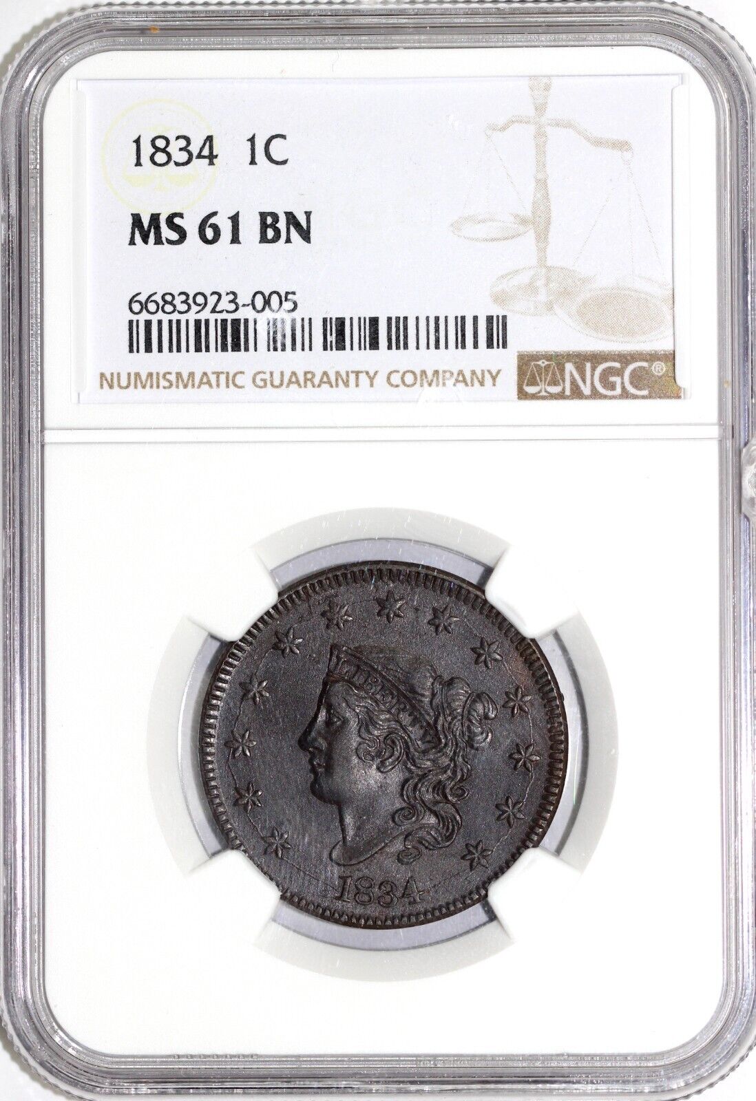 1834 1c N-6 Matron Head Large Cent NGC MS 61 BN