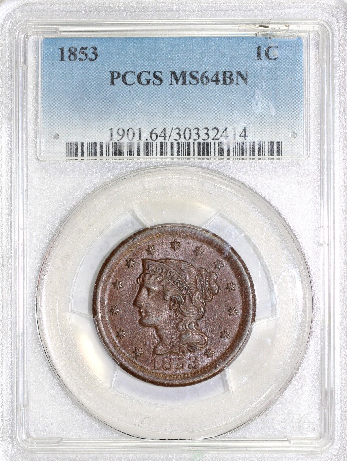 1853 1c Braided Hair Large Cent PCGS MS 64 BN