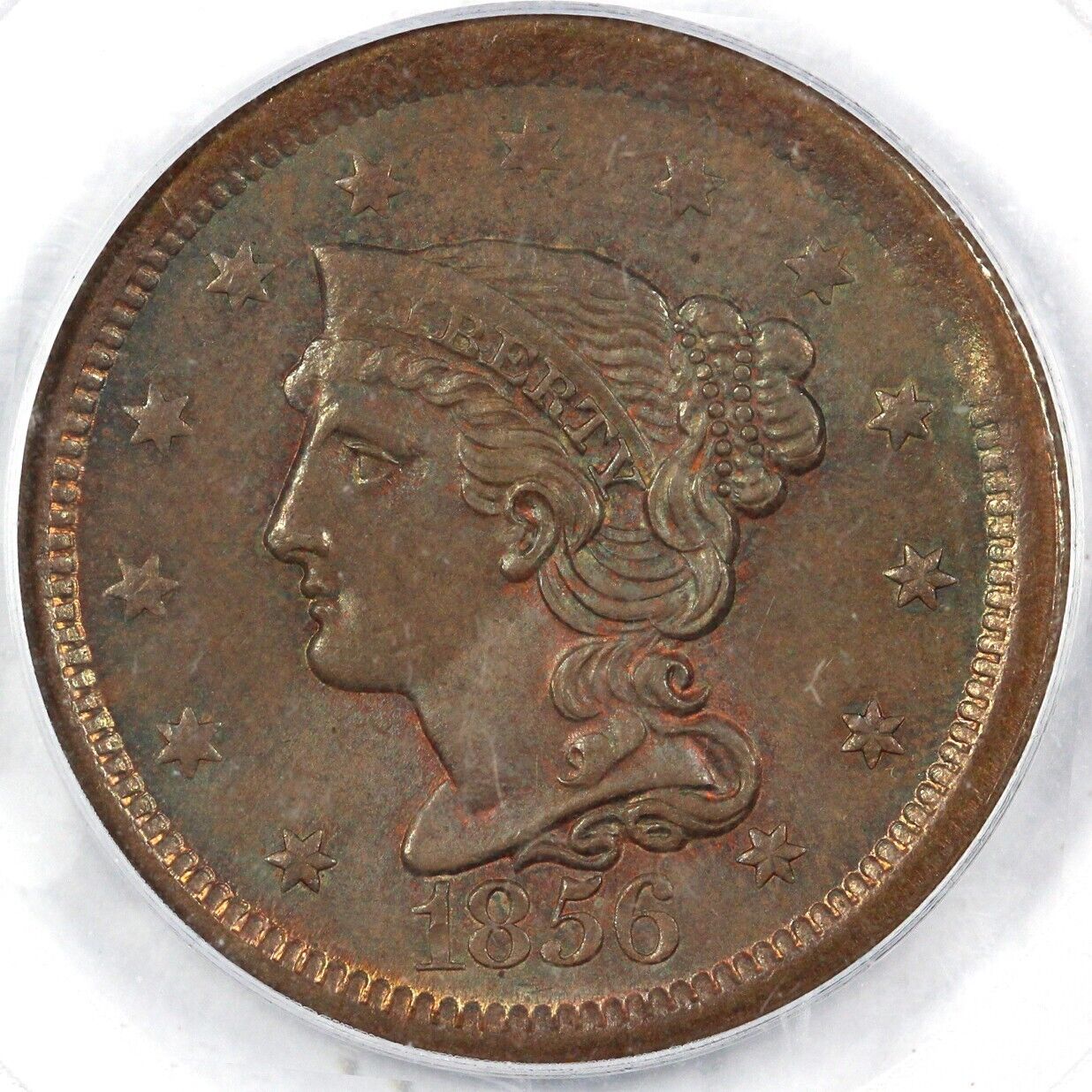 1856 1c Slanted 5 Braided Hair Large Cent PCGS MS 64 RB